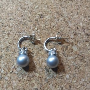14kt White Gold Cultured Grey Pearl & White Topaz Huggies Drop Earrings